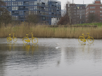 907200 Afbeelding van het kunstproject 'gele drijvende fietsen' op de vijver in het Griftpark te Utrecht. Een project ...